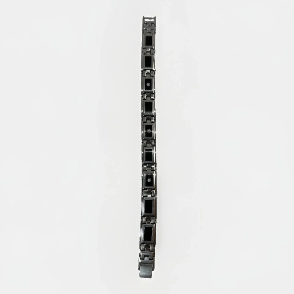 Men's Stainless Steel Link Bracelet Black Inlay Silver Tone 8.5